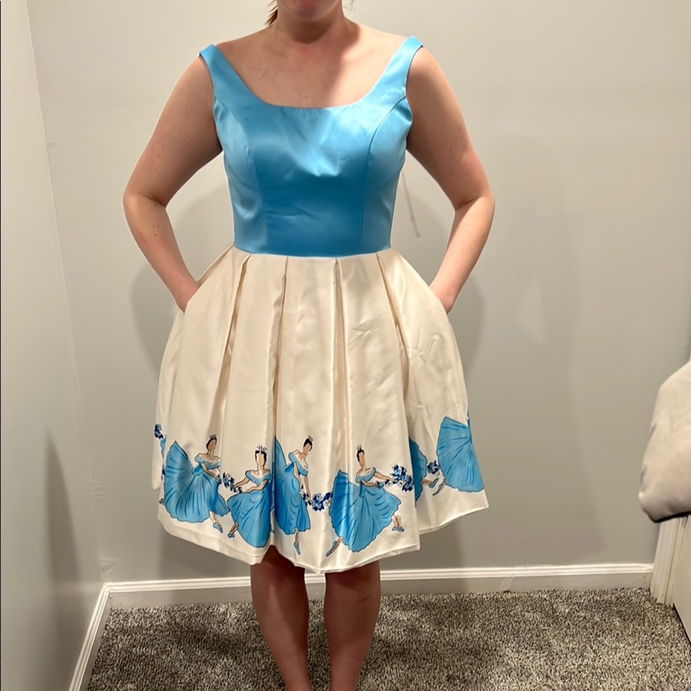 Sherri Hill Blue and Cream Dress with Dancer Print